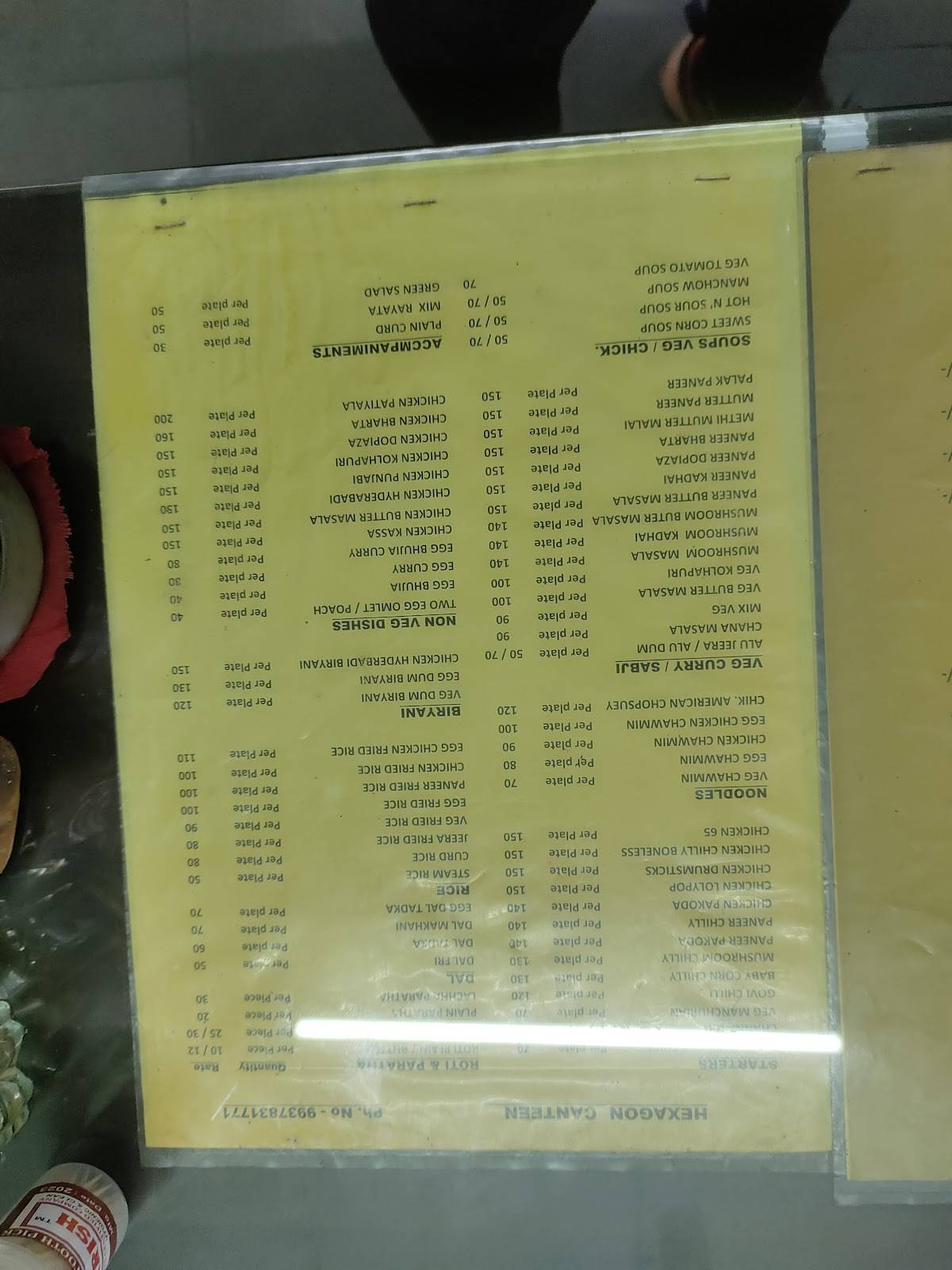 The Hexagon Restaurant menu