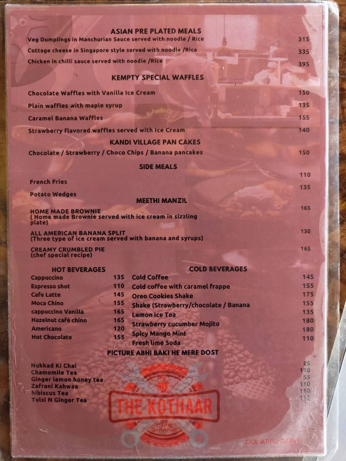 The Kothaar By Cafe Garaage menu