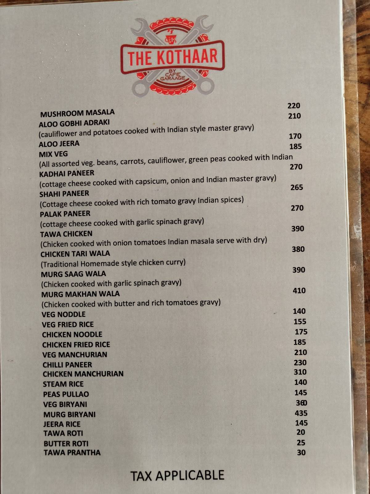 The Kothaar By Cafe Garaage menu
