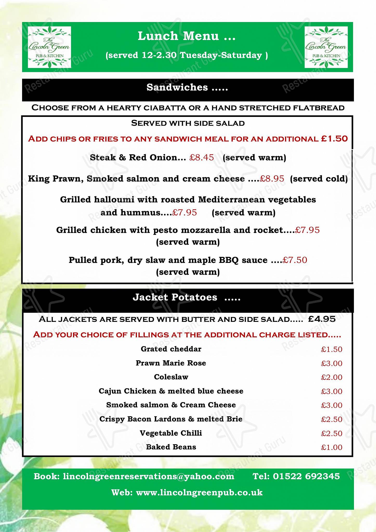 Menu at The Lincoln Green pub & bar, Lincoln