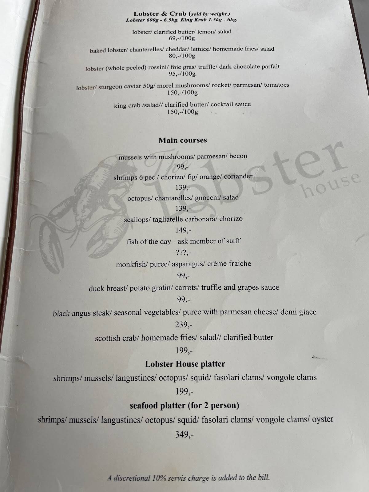 Menu at The Lobster House restaurant, Warsaw