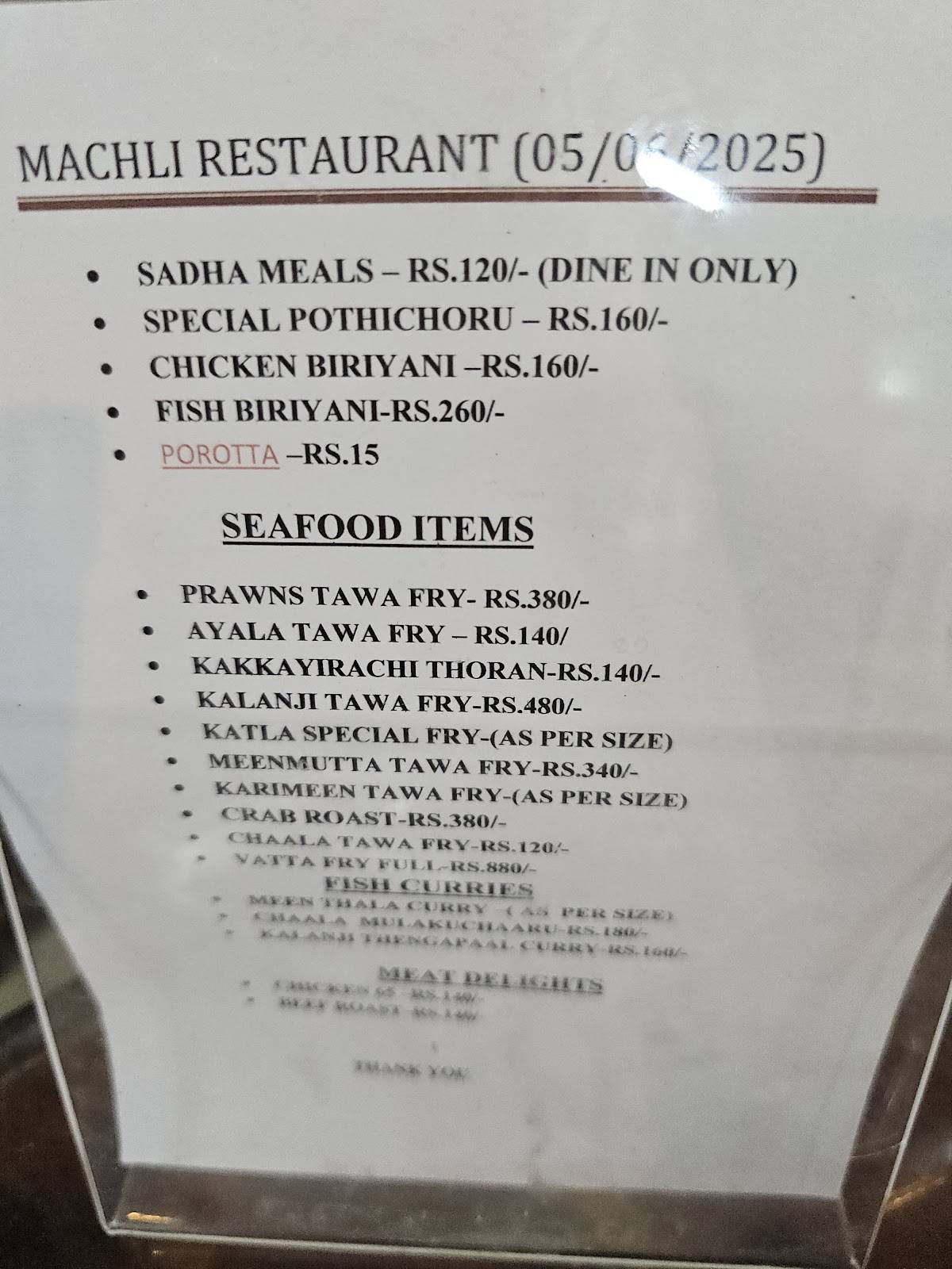 Machli Restaurant menu