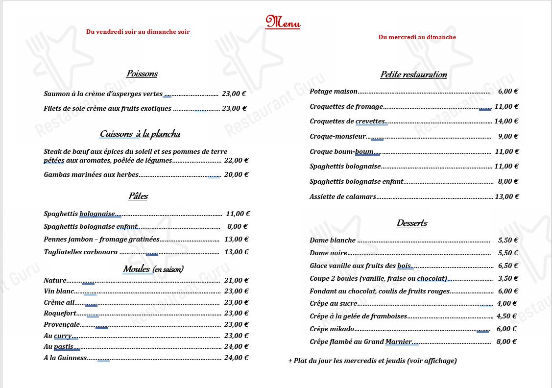 Menu pour The Murrays - repas et boissons