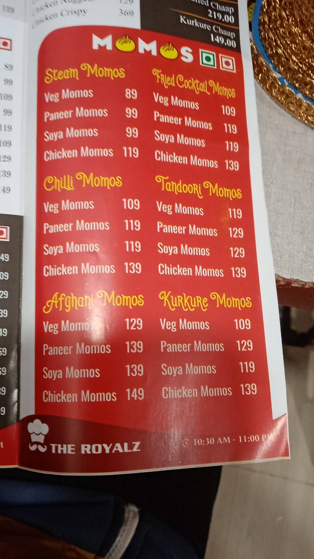 The Royalz menu