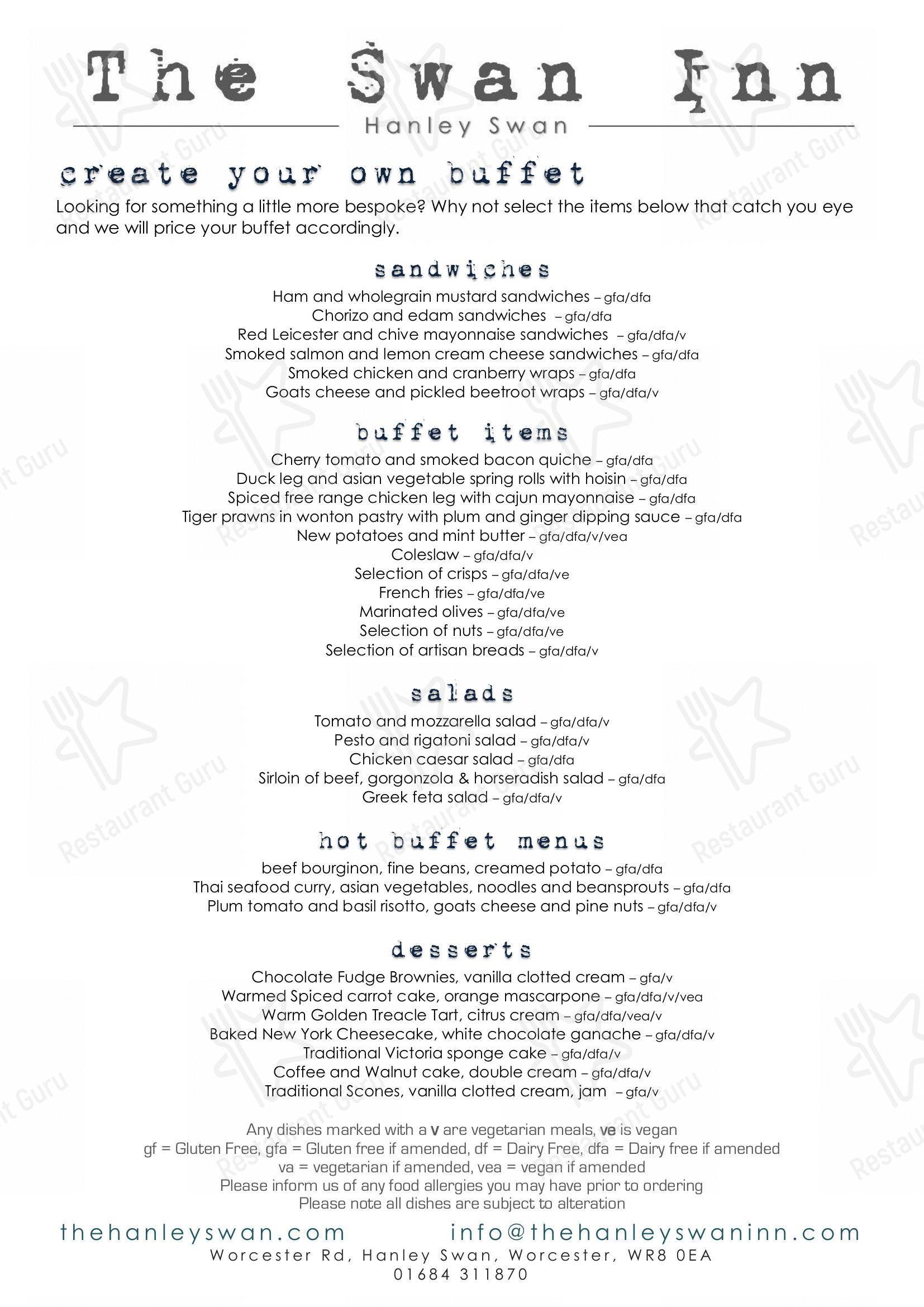 Menu at The Swan Inn pub & bar, Hanley Swan, Road