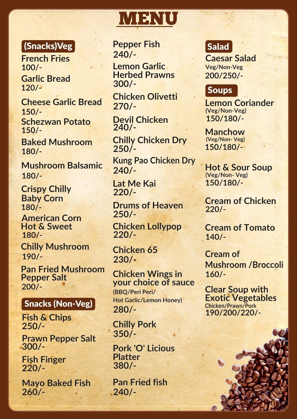 The Tavern Cafe menu