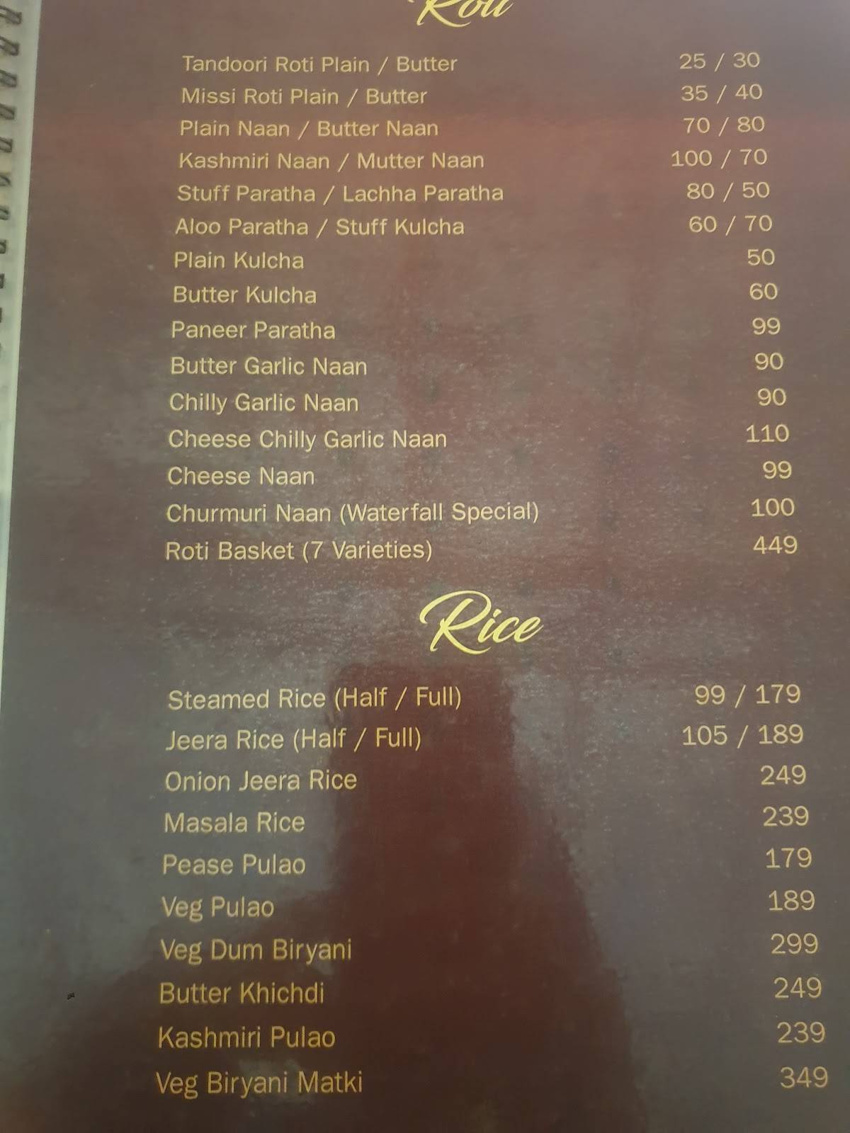 The Waterfall Restaurant Indore menu