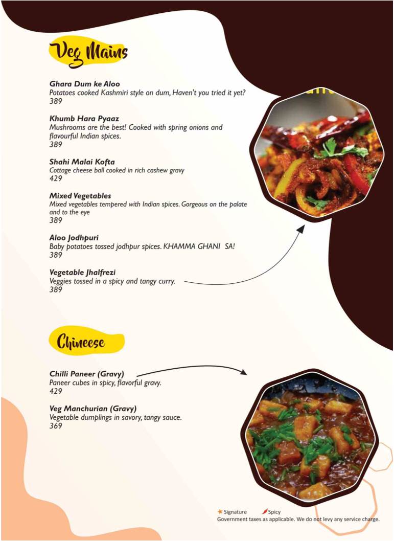 The Yellow Chilli Restaurant menu