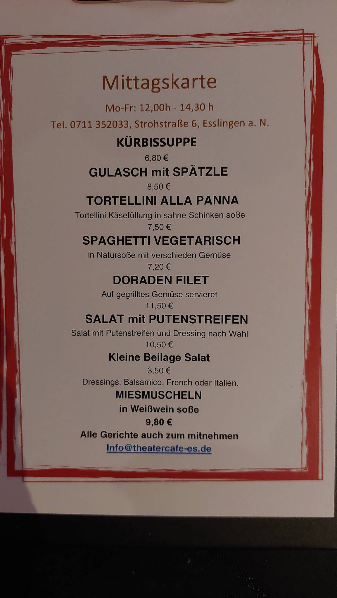 Speisekarte von Theater Café Steak & Fish restaurant, Esslingen am Neckar