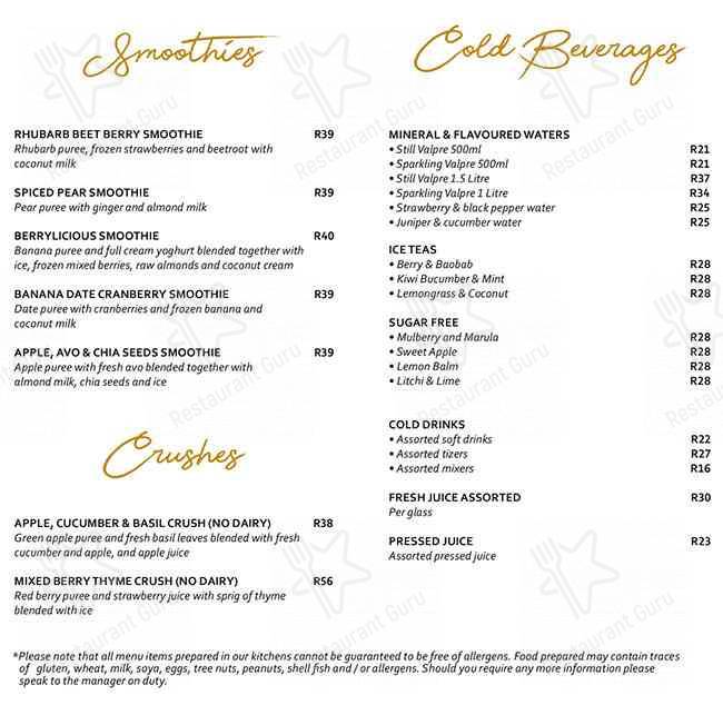 Menu at Thyme On Nicol restaurant, Johannesburg