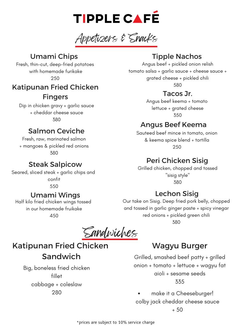 Menu at Tipple & Slaw Katipunan restaurant, Quezon City