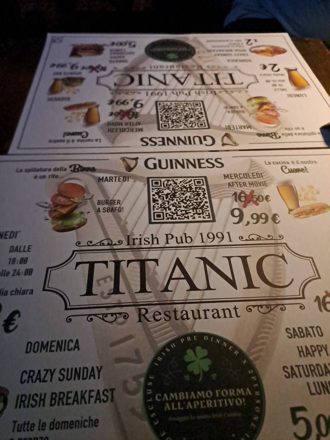Menu at Titanic pub & bar, Rome