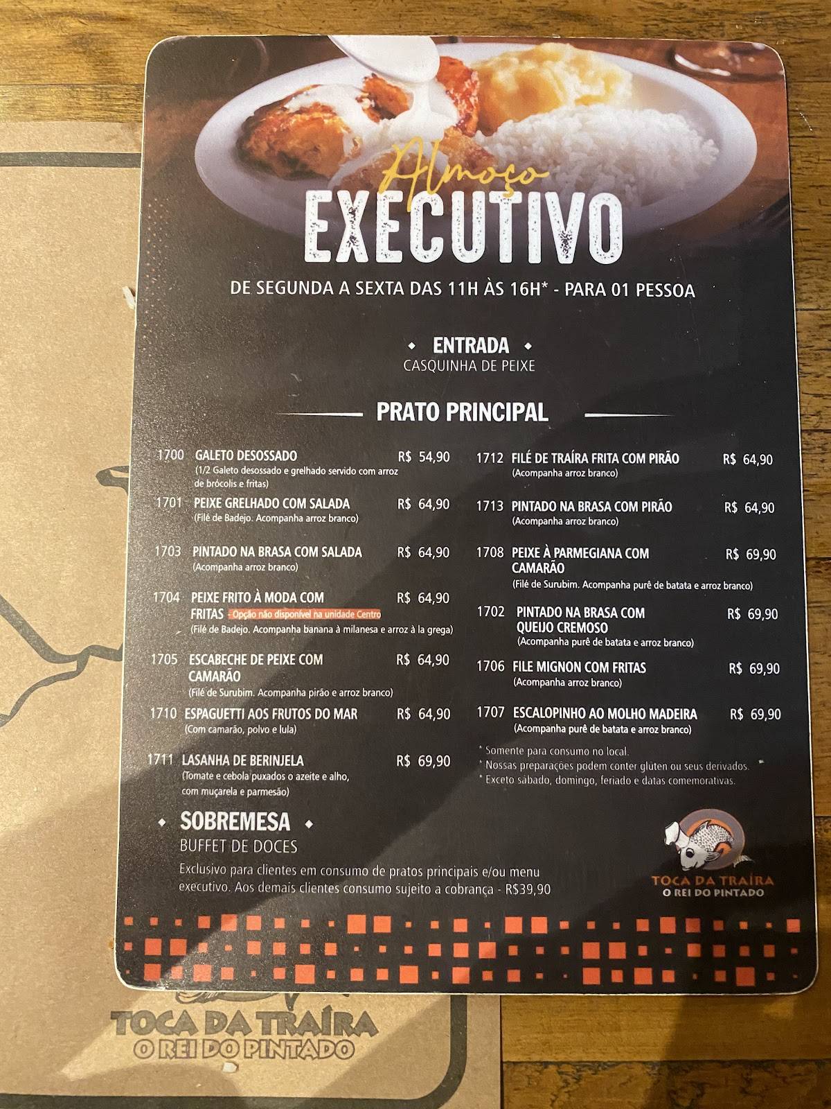 Restaurante Toca da Traíra cardápio