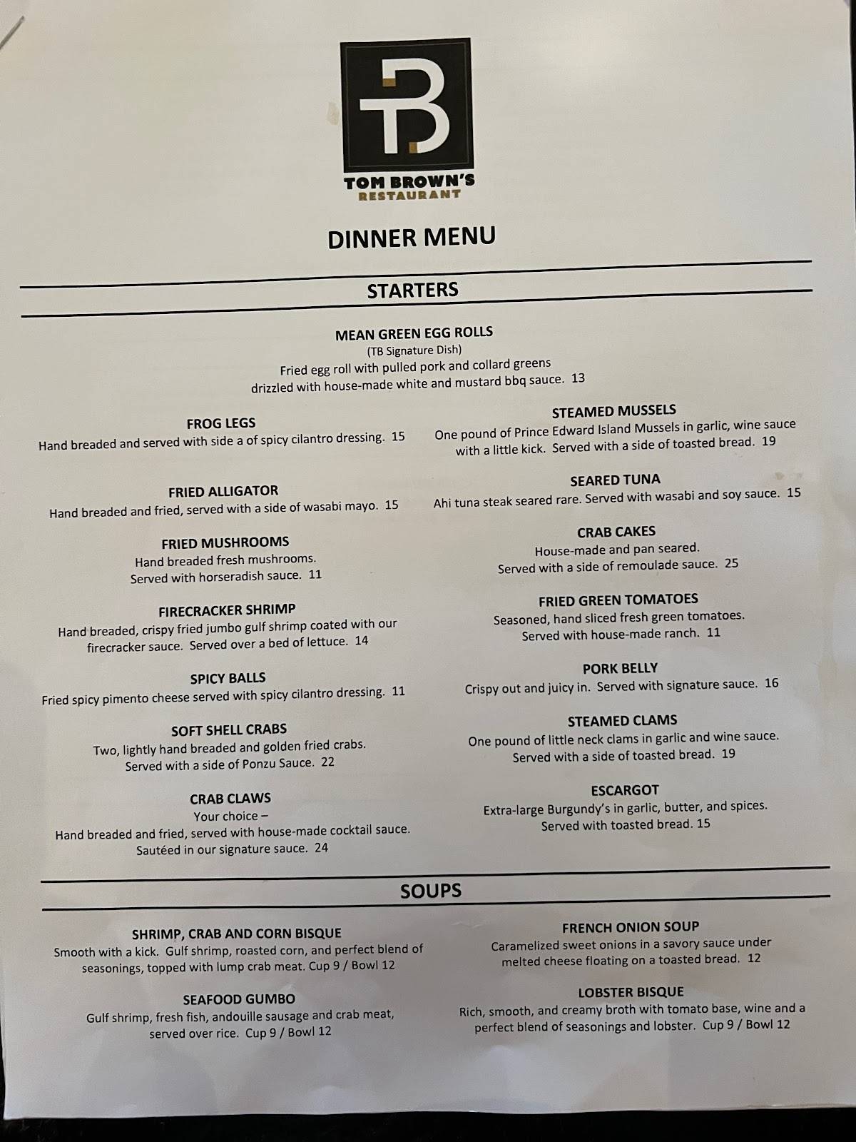 Menu at Tom Brown's Restaurant Madison, Madison