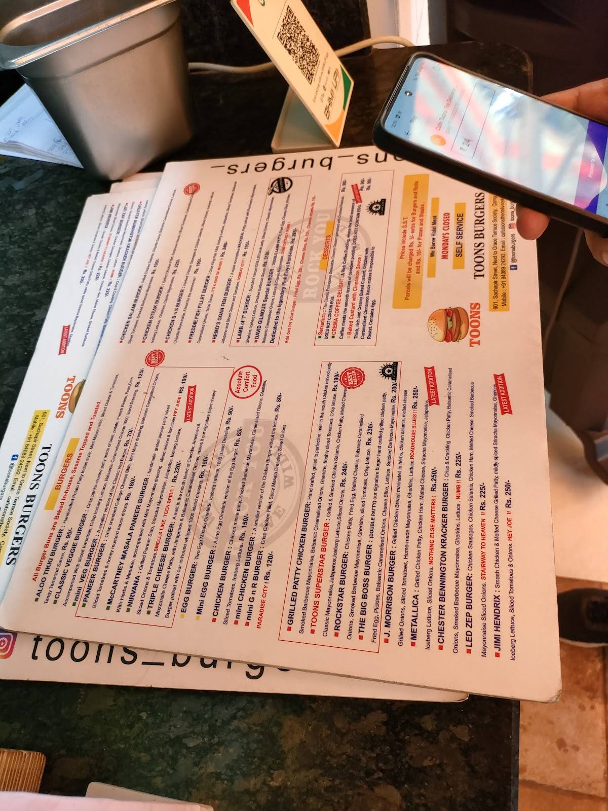 Toons Burgers menu