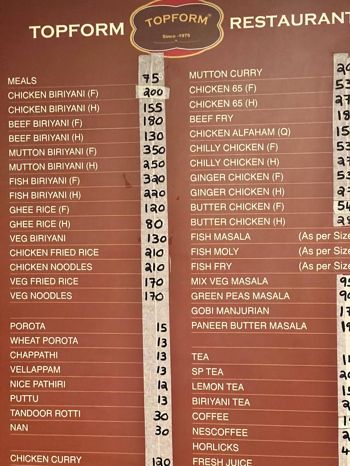 Topform Restaurant Kozhikode menu