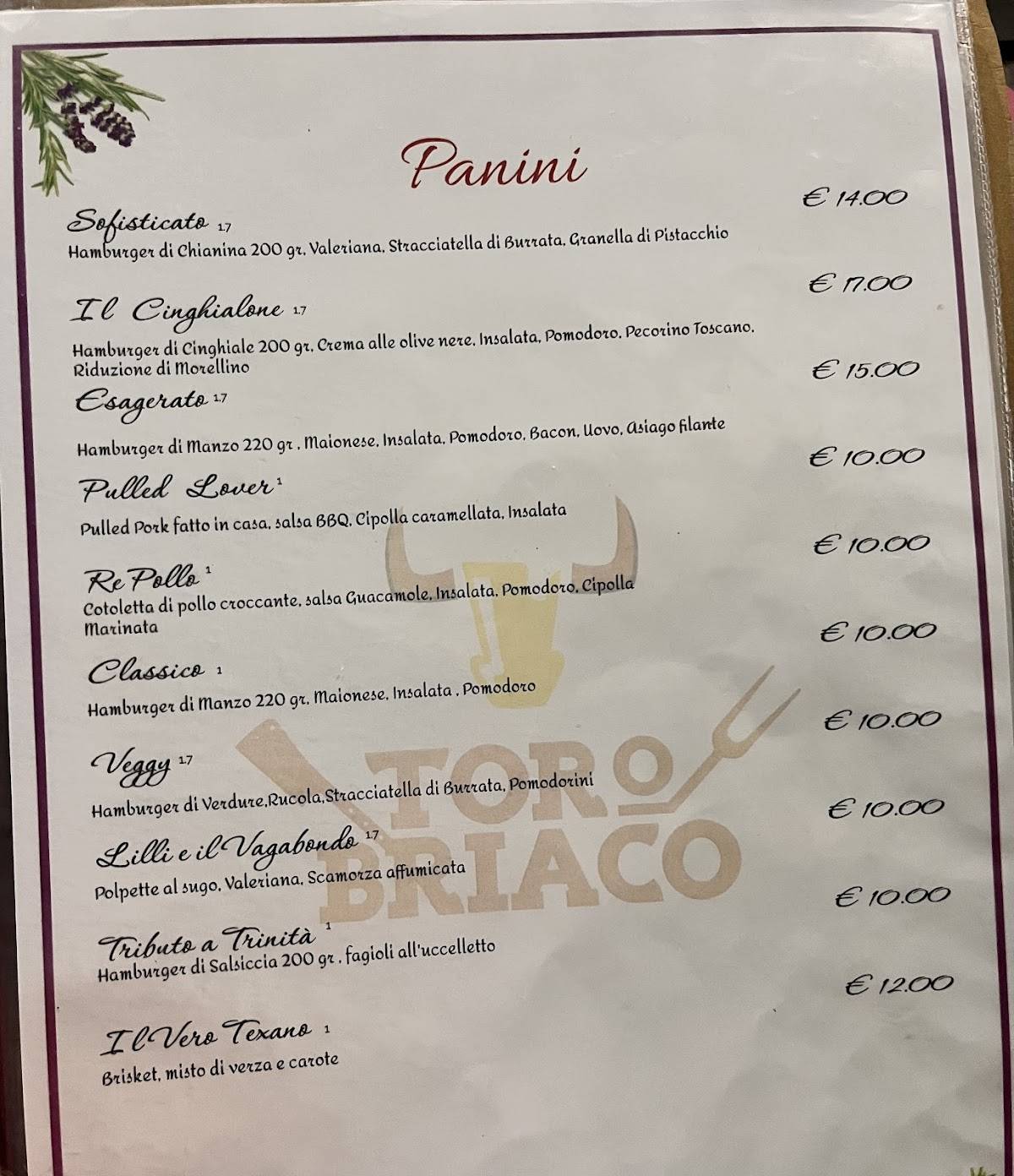 Menu di Toro Briaco 