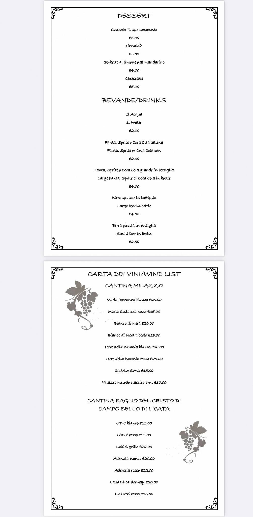 Menu de Trattoria Donna Rosa