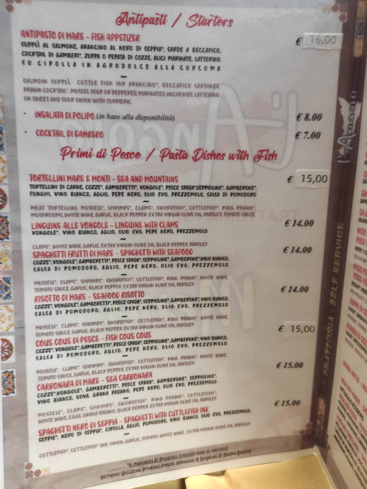 Menu di Trattoria L'Angolo 