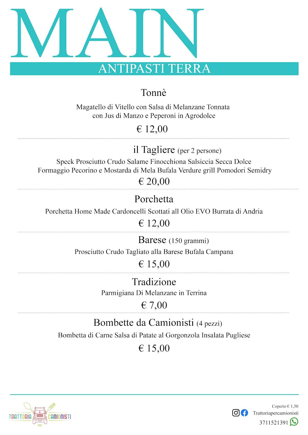 Menu di Trattoria per Camionisti 