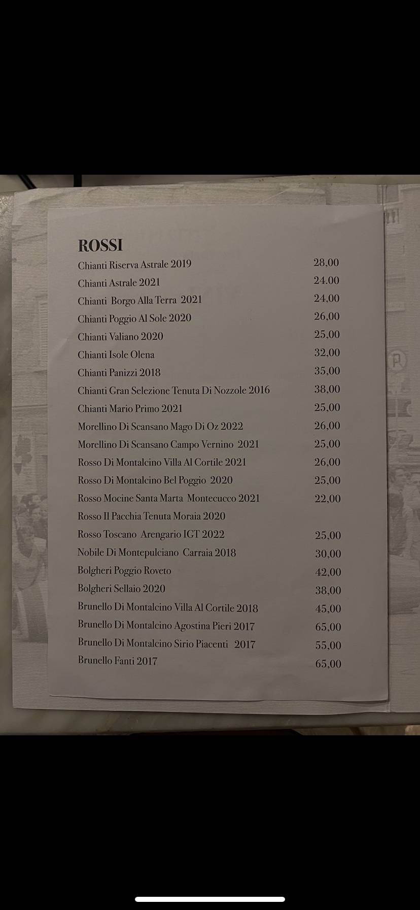 Menu di Trattoria Toscana Roma 