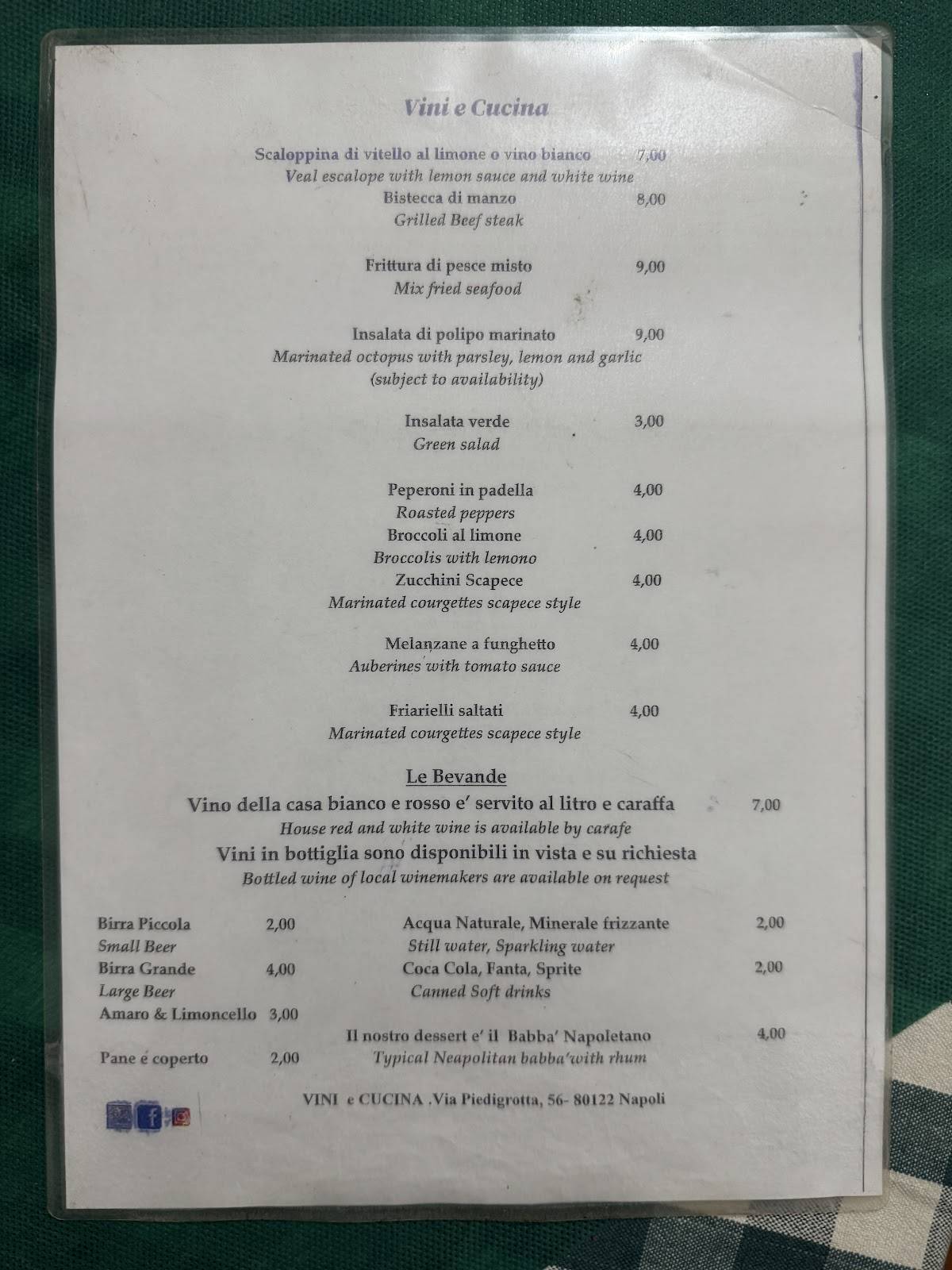 Menu di Trattoria vini e cucina 