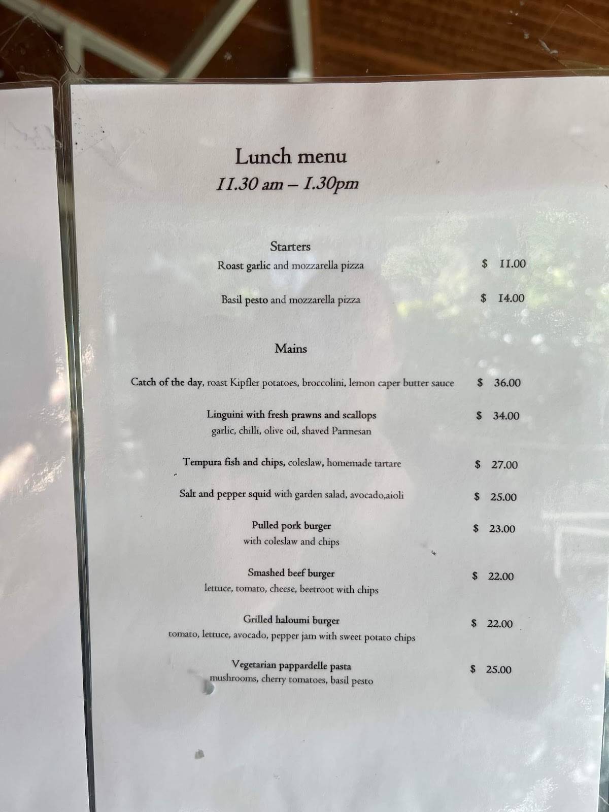 Menu at Trial Bay Kiosk restaurant, South West Rocks