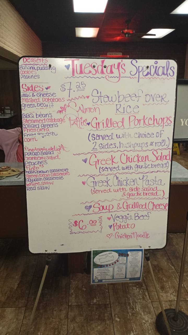 Menu at Troutman's BarBQ, Concord, 362 Church St N