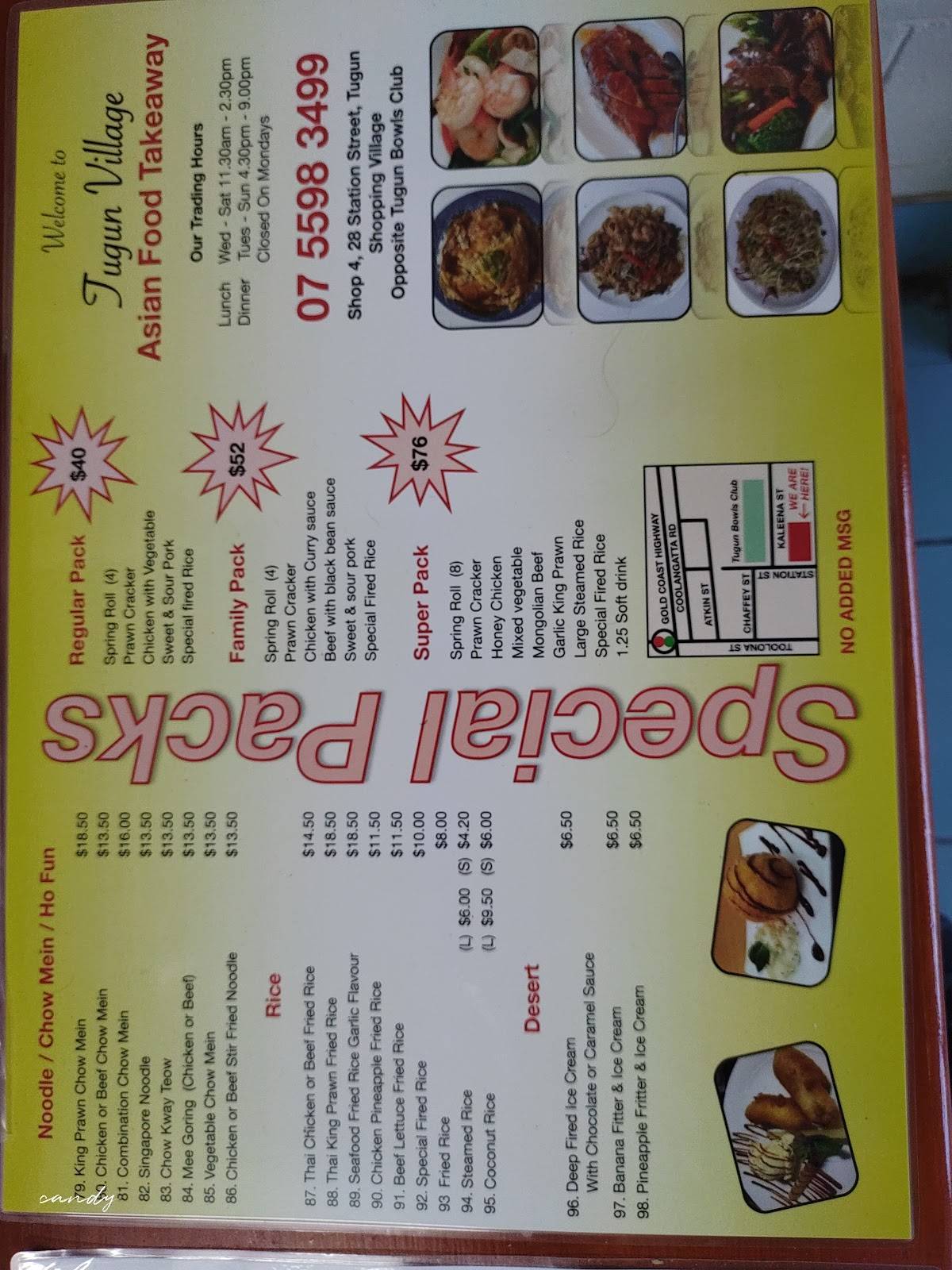 Menu at Tugun Village Asian Food Takeaway restaurant, Tugun