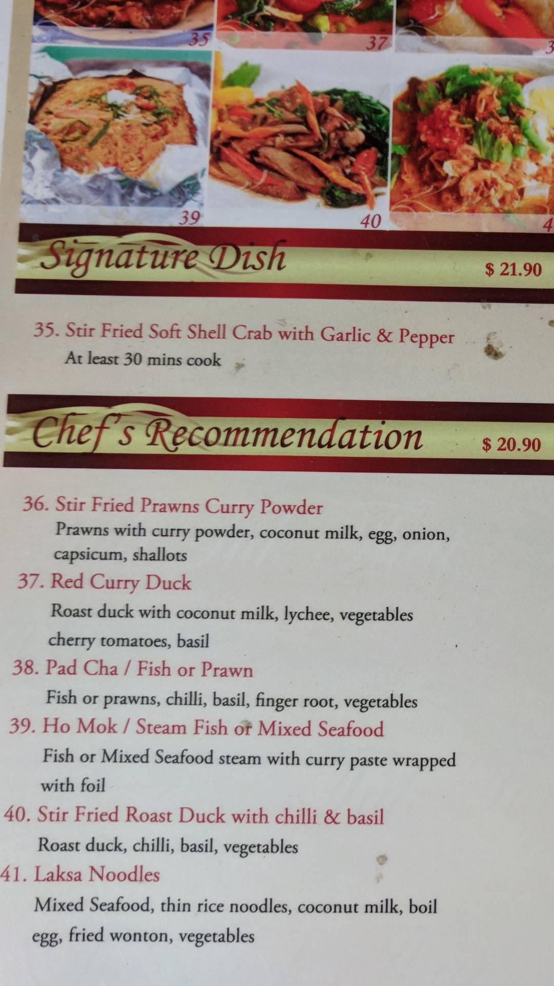 Menu at Tuk Tuk Thai restaurant, West End