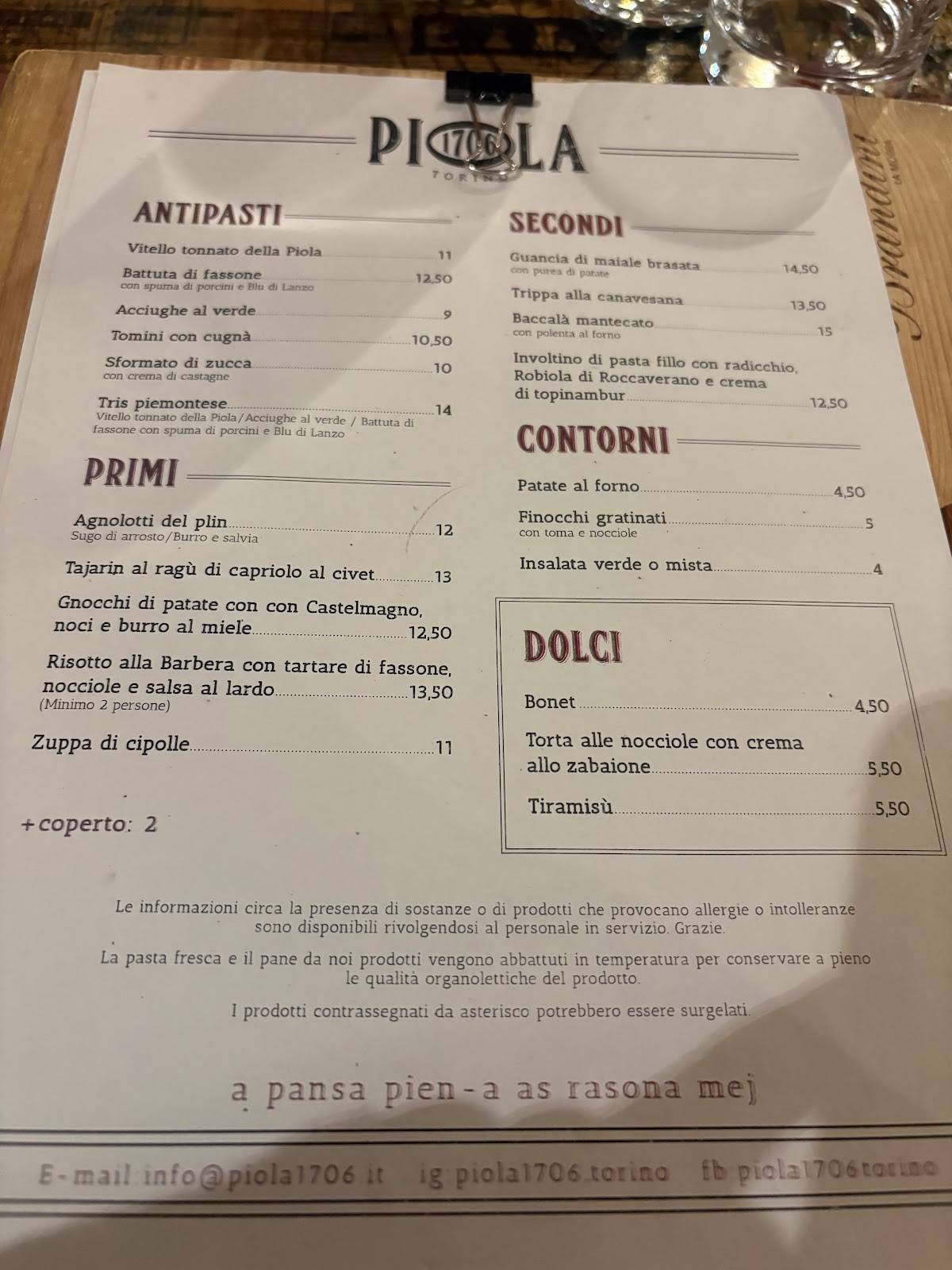 Menu di Piola 1706, Torino 