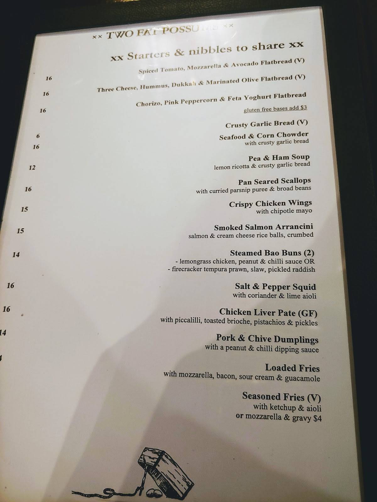Menu at Two Fat Possums restaurant, West Melton