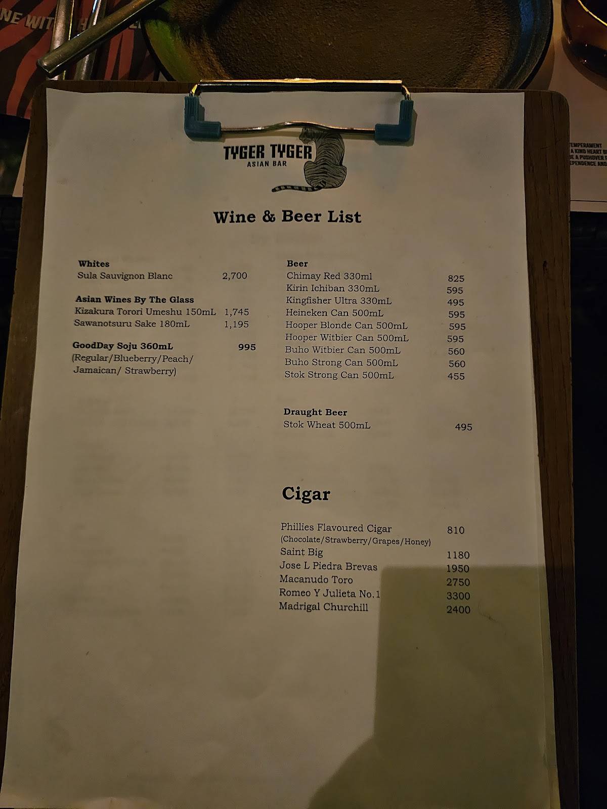 Tyger Tyger Asian Bar menu