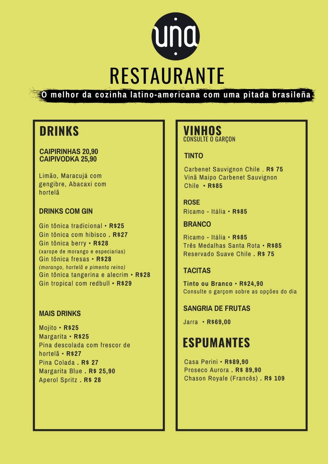 UNA Restaurante cardápio
