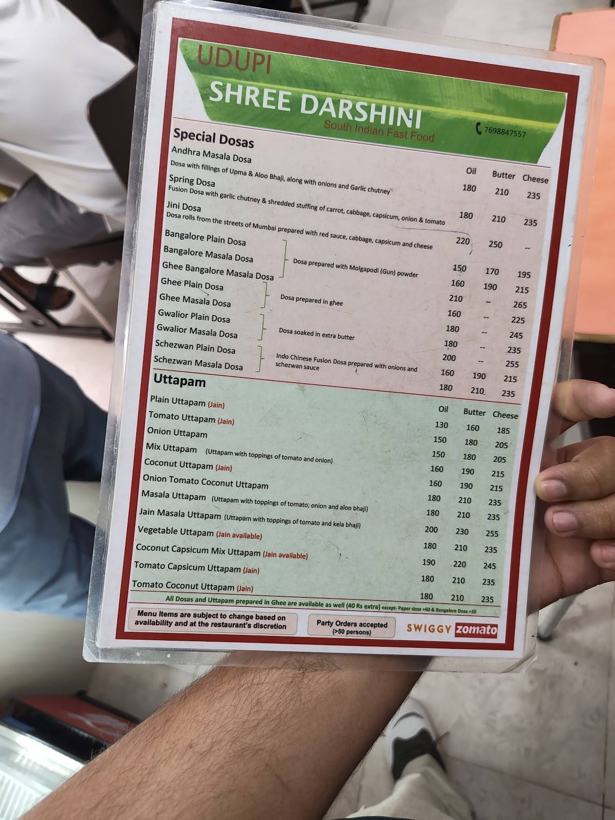 Udupi Shree Darshini menu