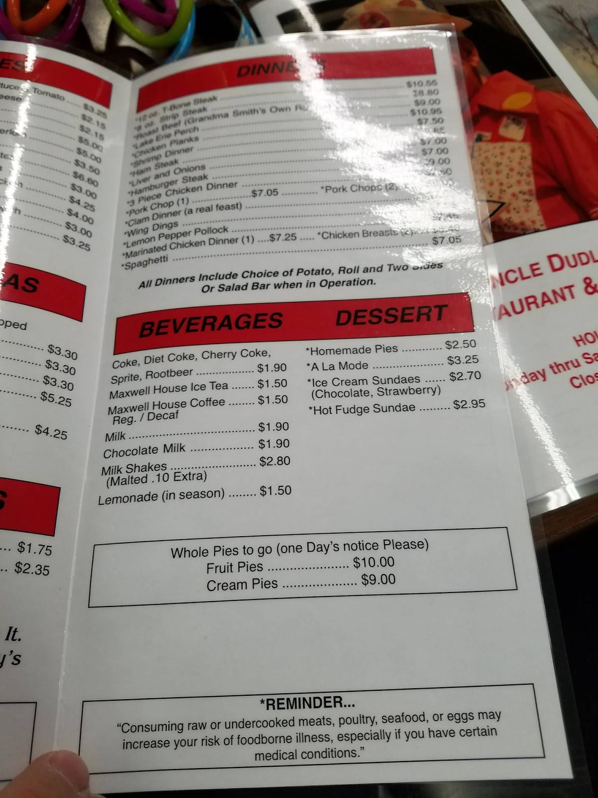 Menu at Uncle Dudley's Restaurant, Willard