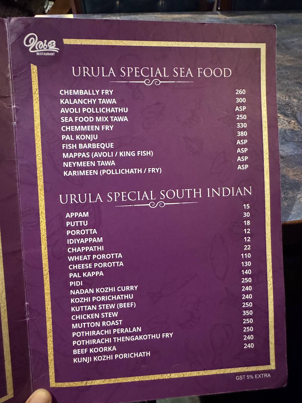 Urula Restaurant Kakkanad menu