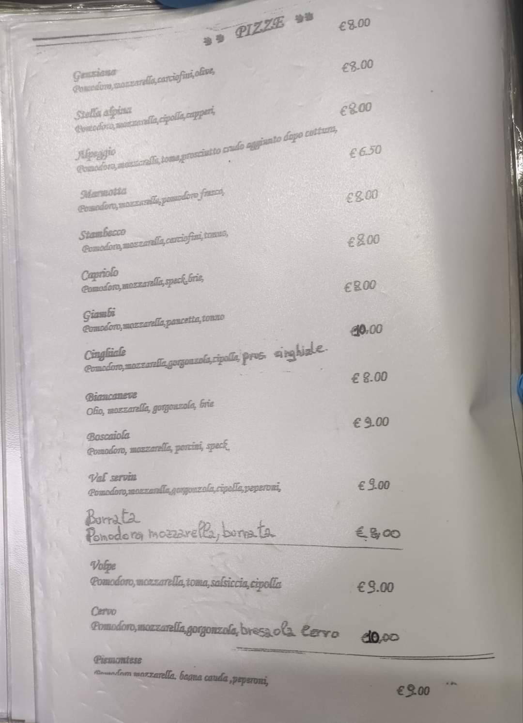 Menu di Val Servin pizzeria trattoria bar di Pocchiola viter Valentina. 