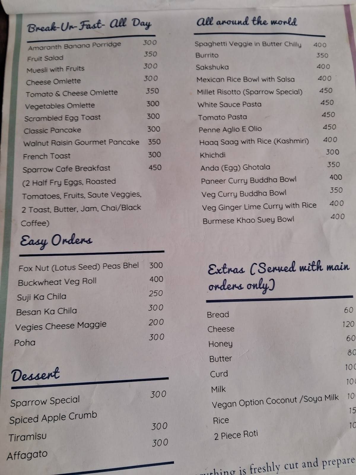 Sparrow Cafe menu