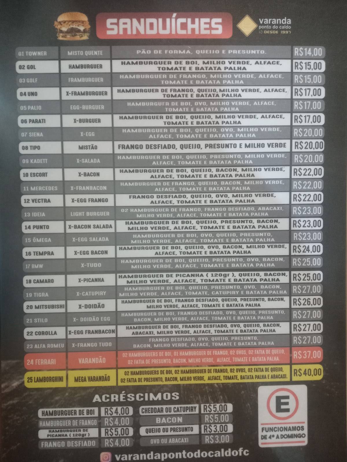 Varanda Ponto Caldo Ltda cardápio