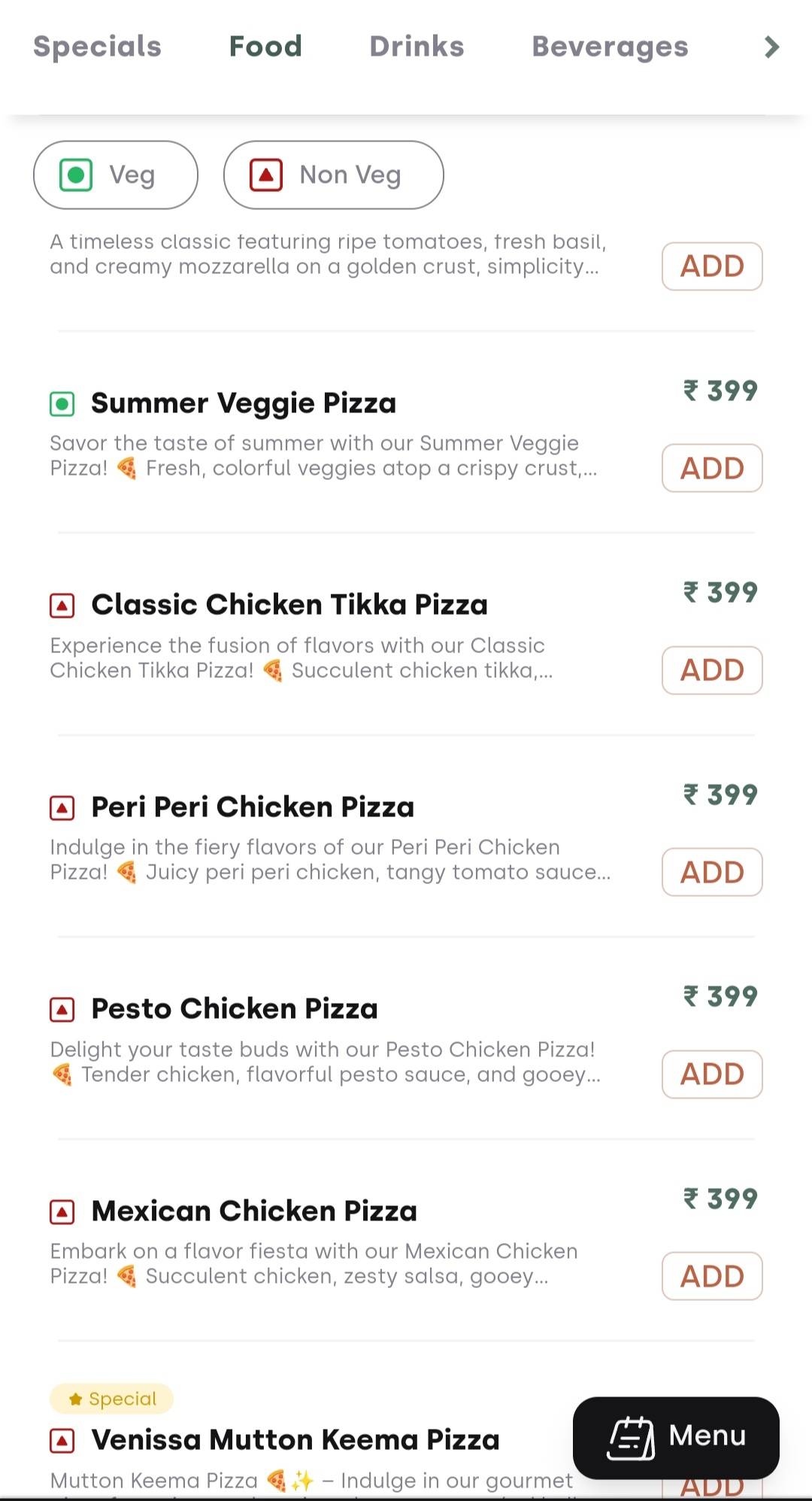 Venissa menu