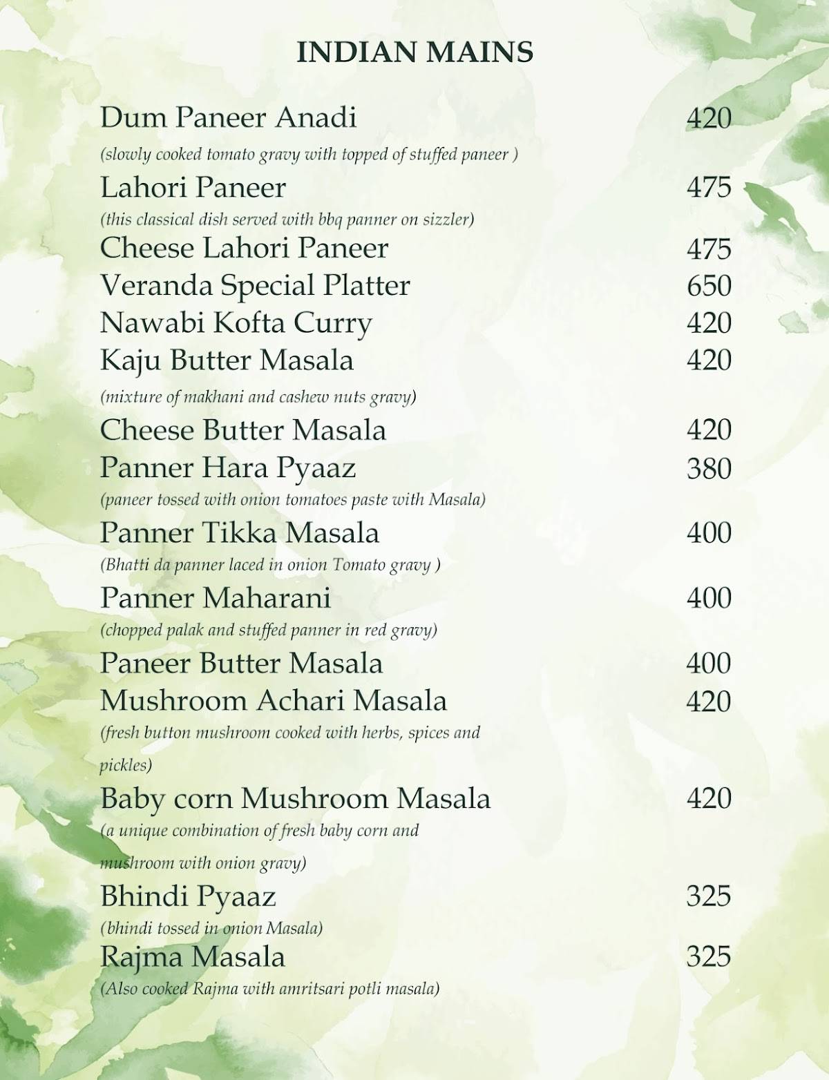 Veranda Rooftop Restro Cafe menu