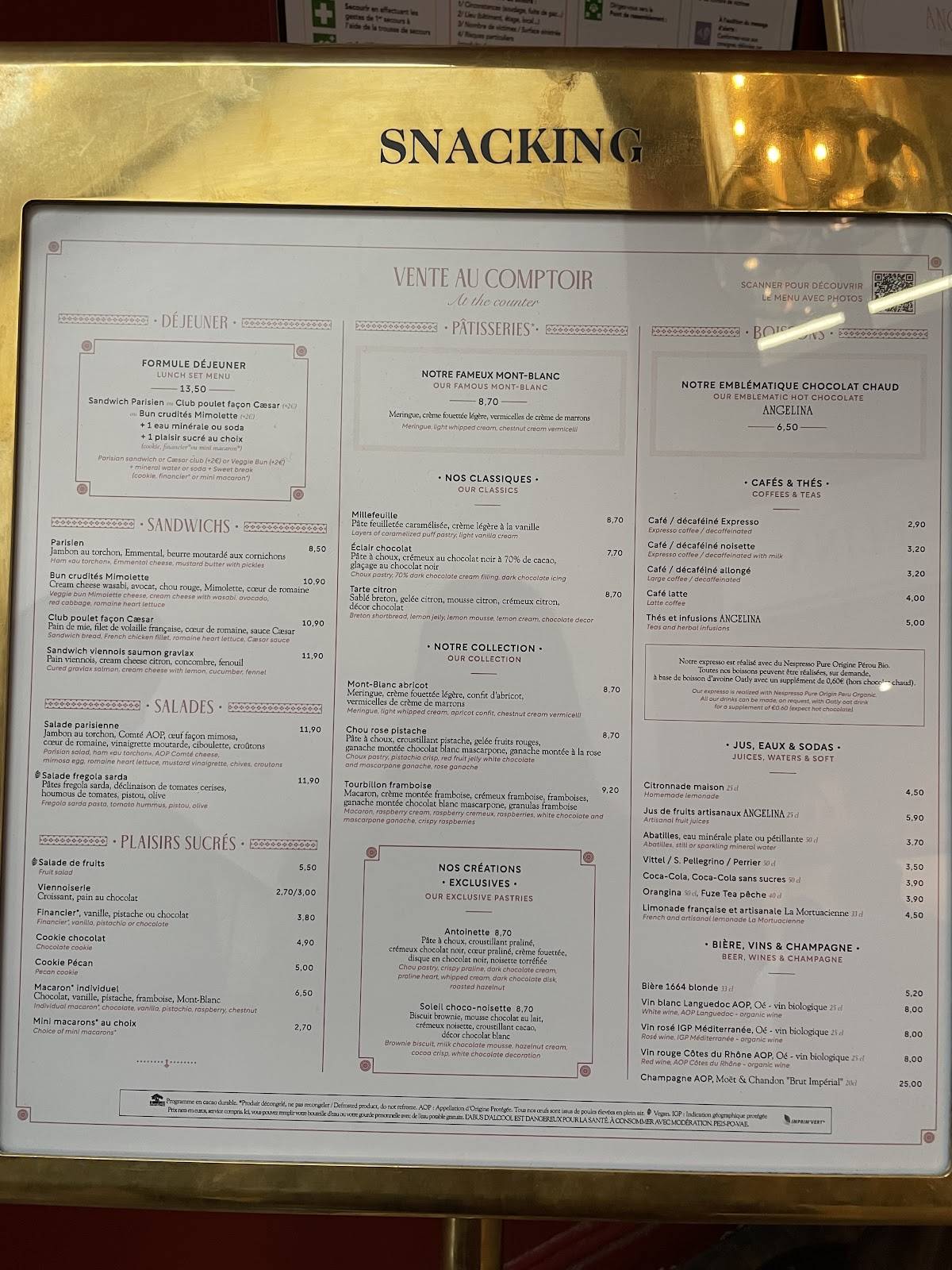 Menu de Angelina Paris – Château de Versailles, Salon de thé-restaurant