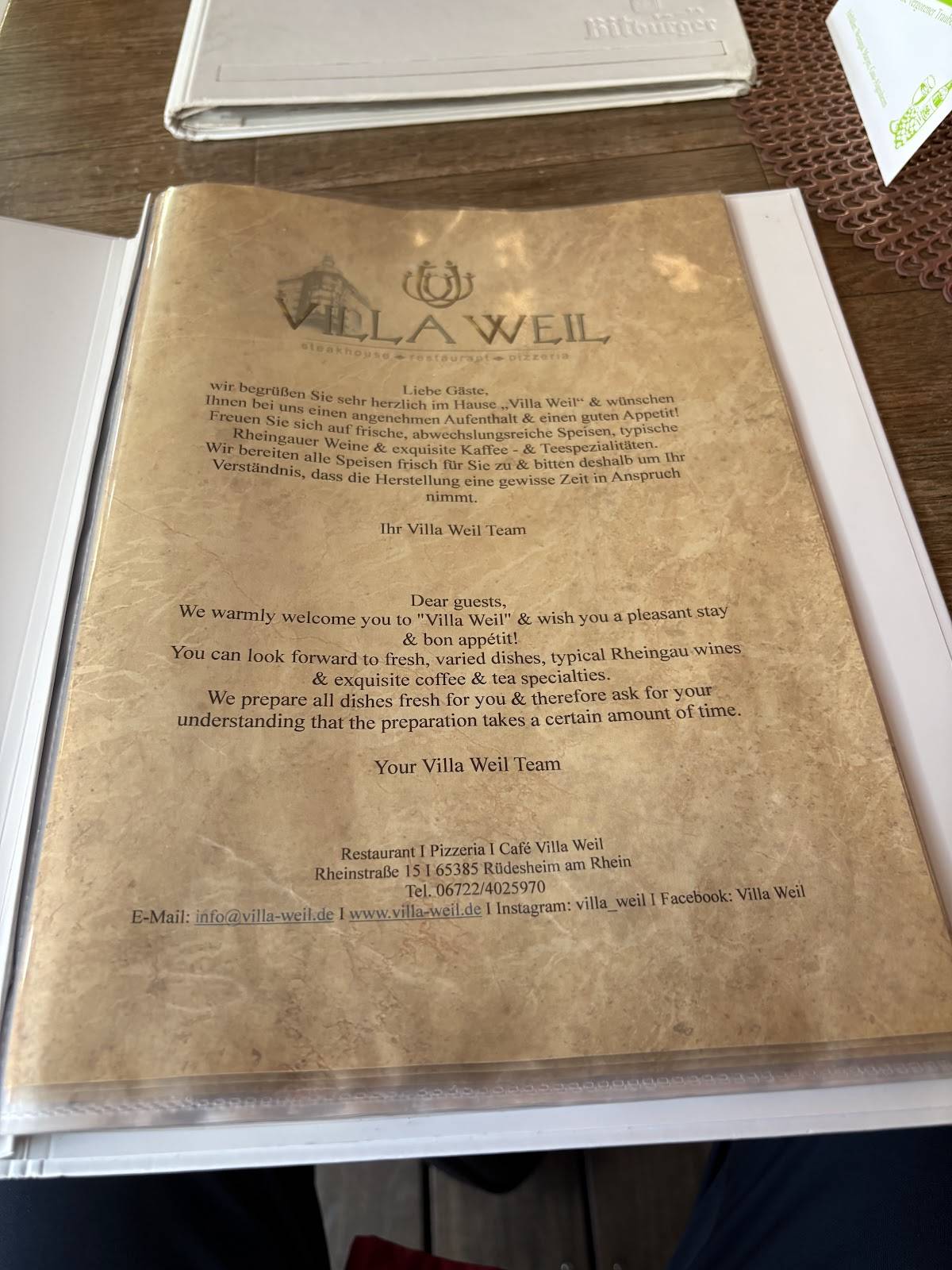 Menu de Villa Weil Restaurant
