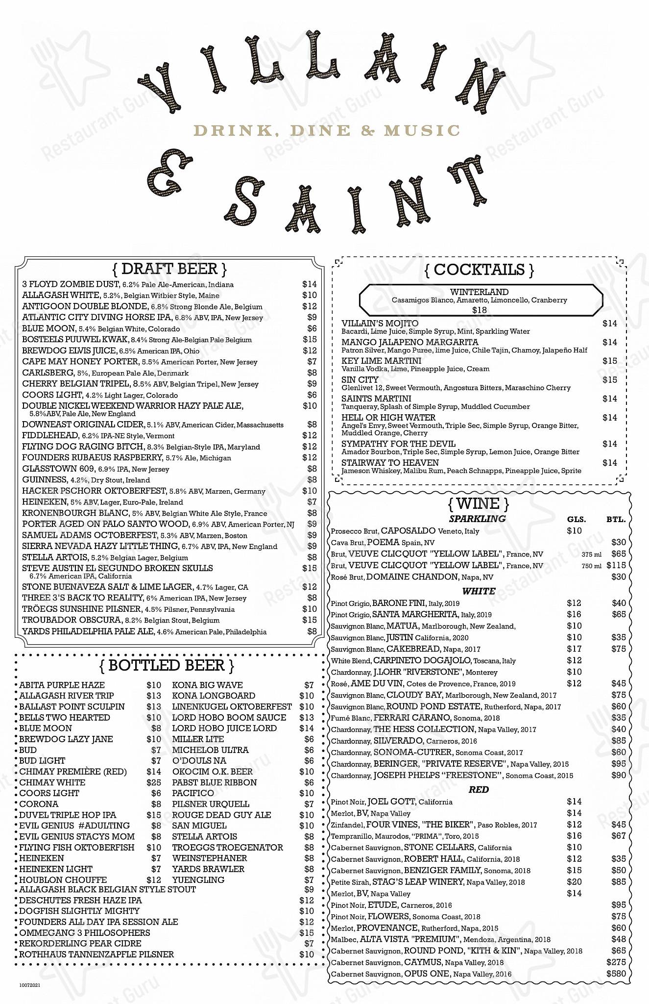 Menu at Villain & Saint restaurant, Atlantic City, 500 Boardwalk