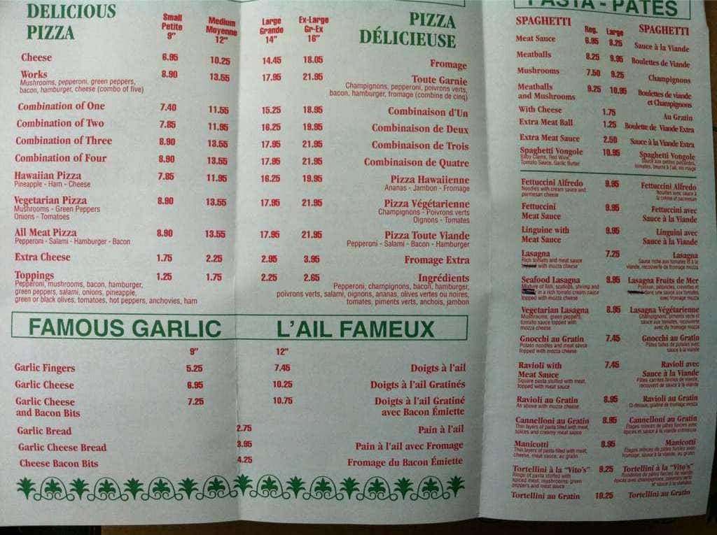 Menu at Vito’s pizzeria, Moncton