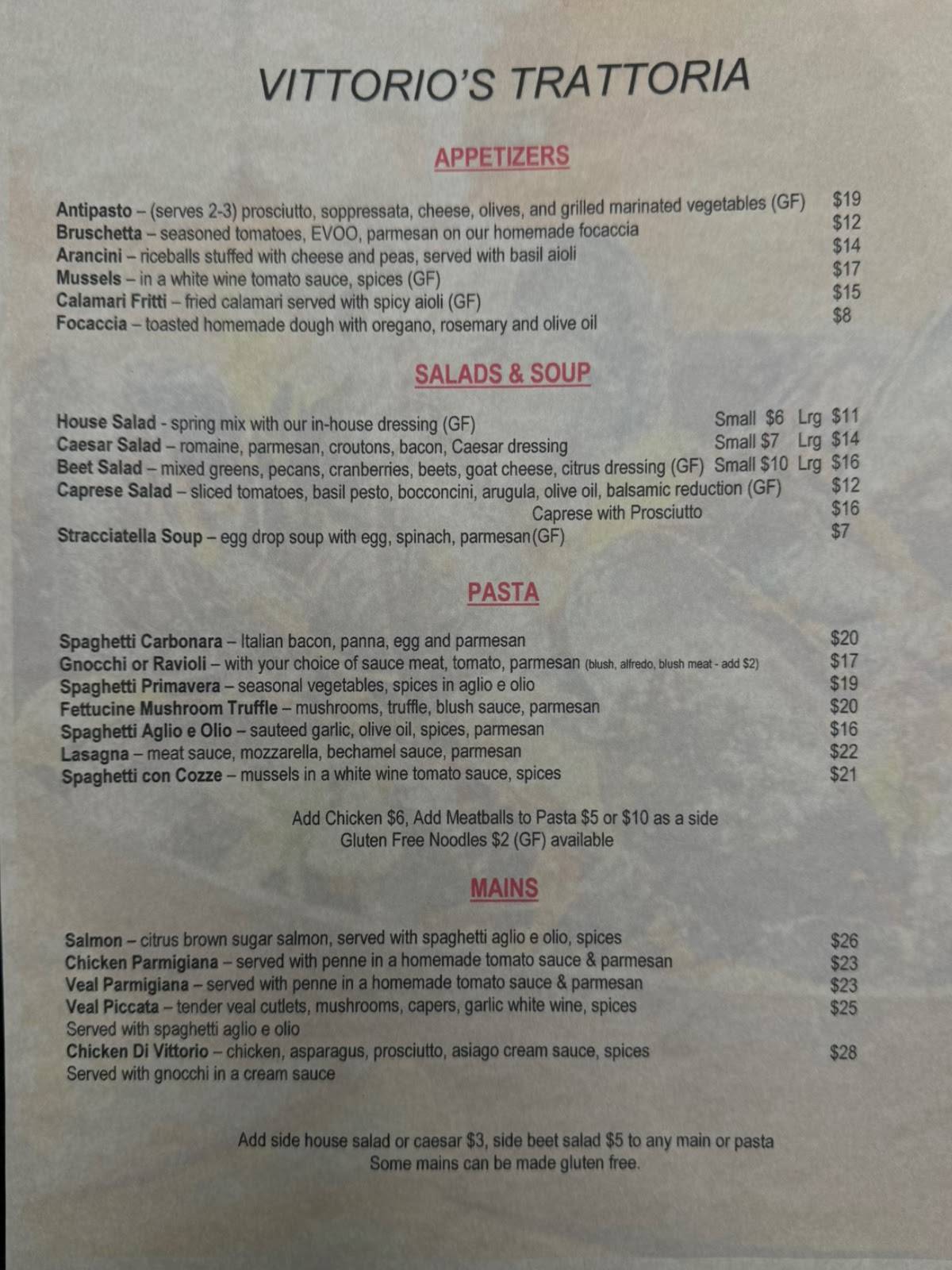 Menu at Vittorio's Trattoria pizzeria, Windsor