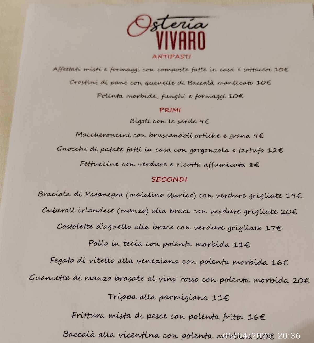 Menu di Osteria Vivaro 