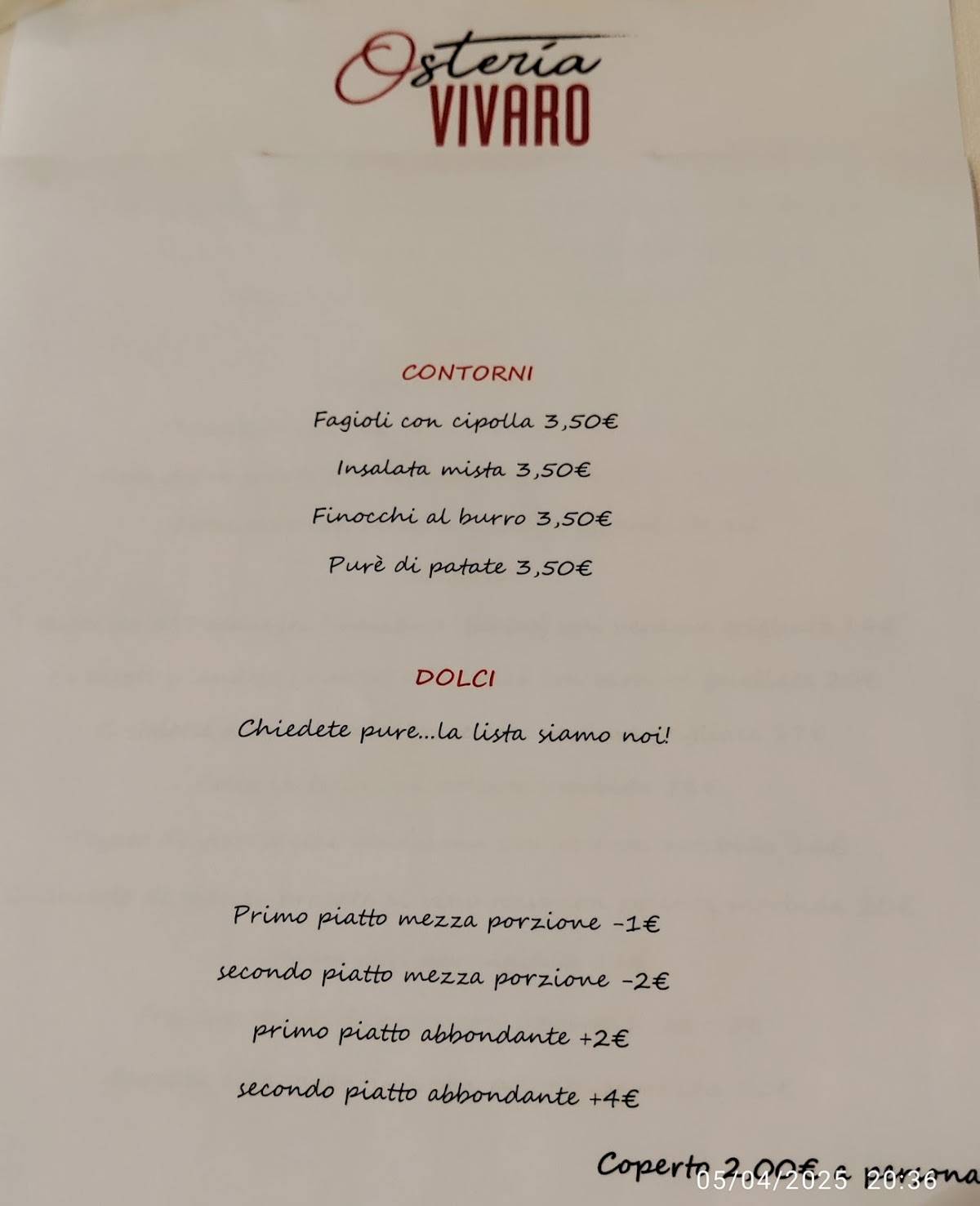 Menu di Osteria Vivaro 