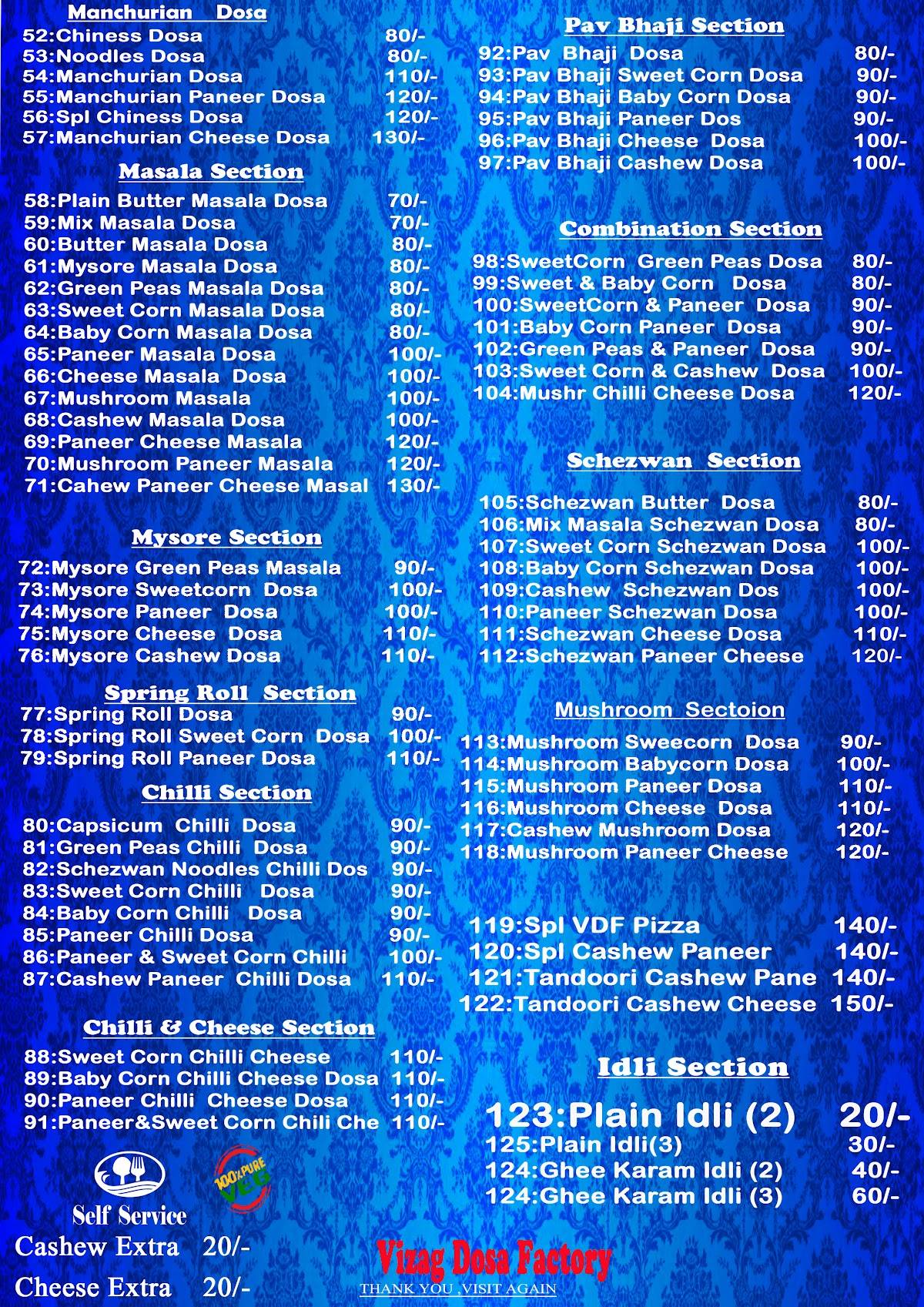Vizag Dosa Factory menu